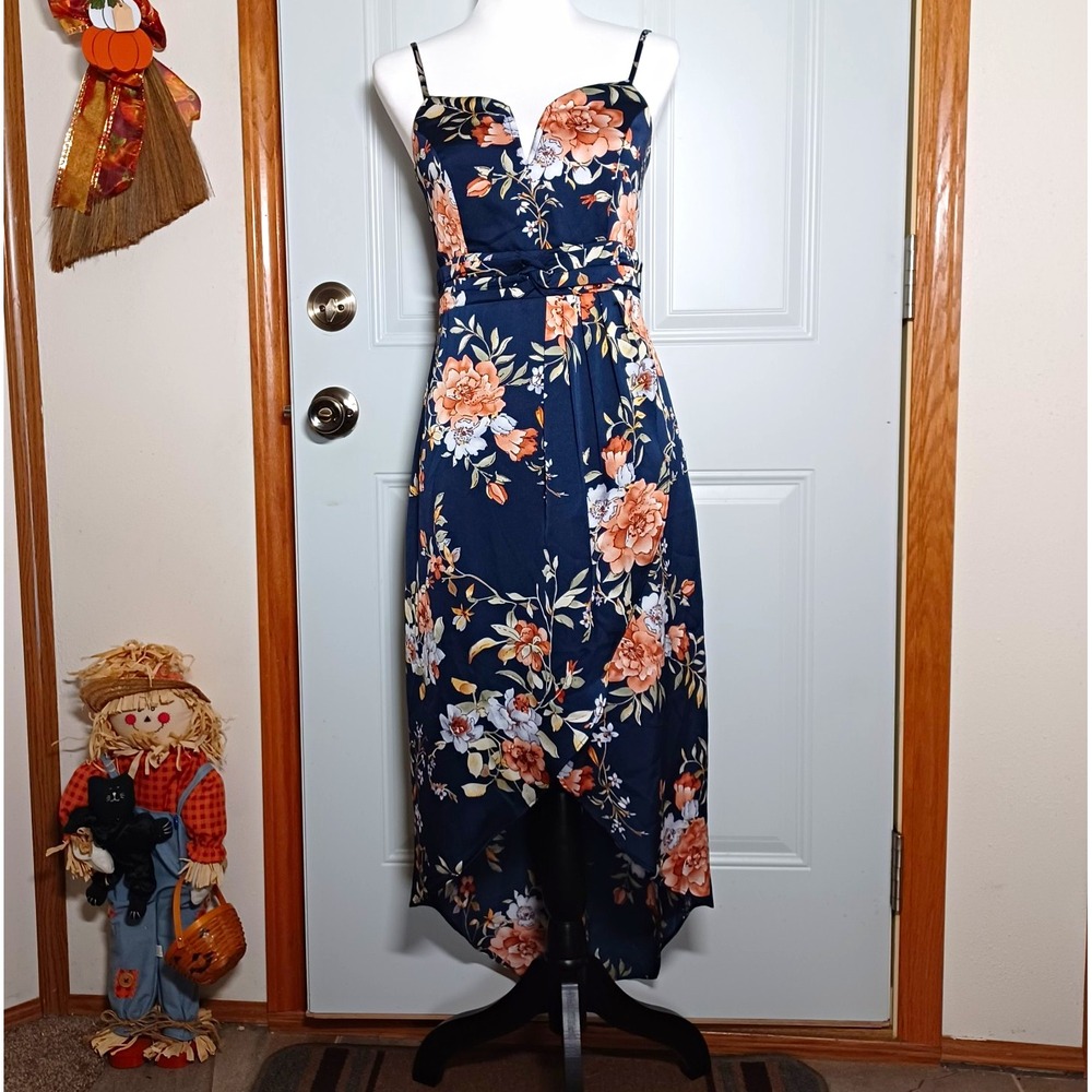 Lulus Navy Blue Floral High-Low Wrap Tulip Dress Sweetheart Neck Small Fit Flare
